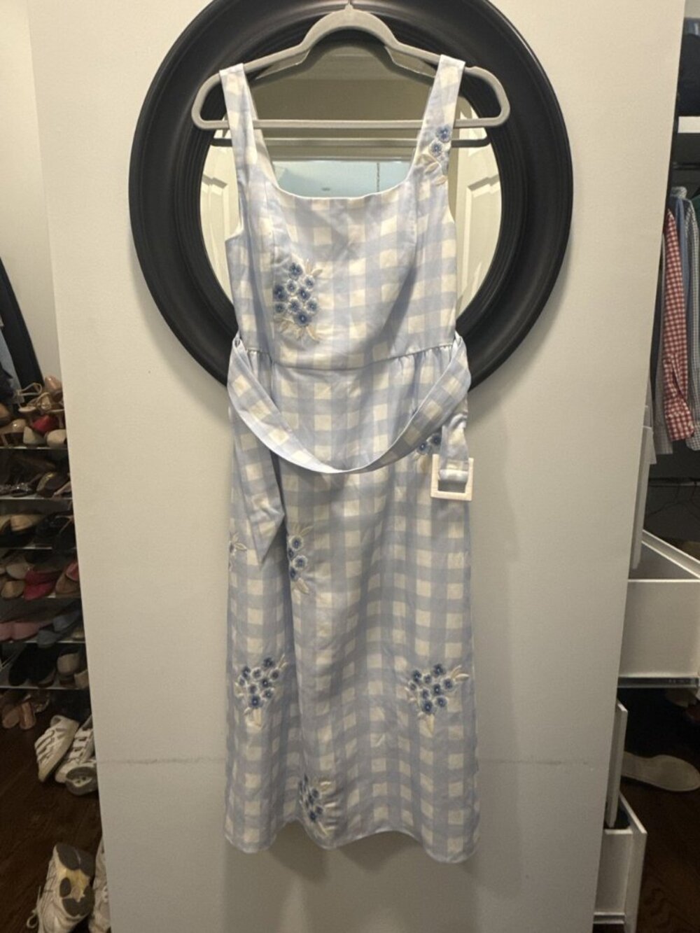 Sachin & Babi Bryce gingham embroidered belted midi dress, size 8